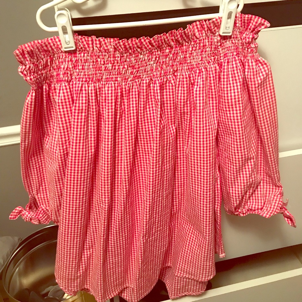 Gingham off the shoulder blouse